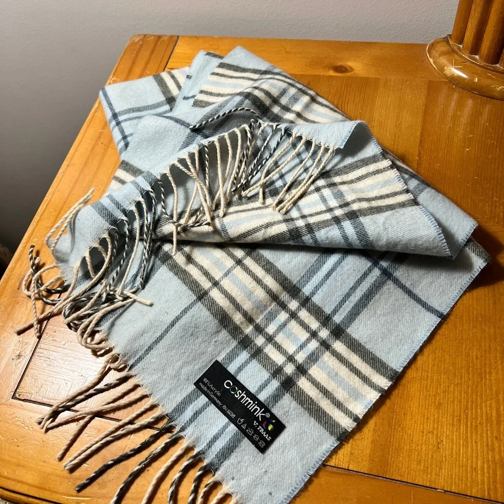 cashmink Light Blue Plaid Fringe Scarf by V. Fraas 70 inches long